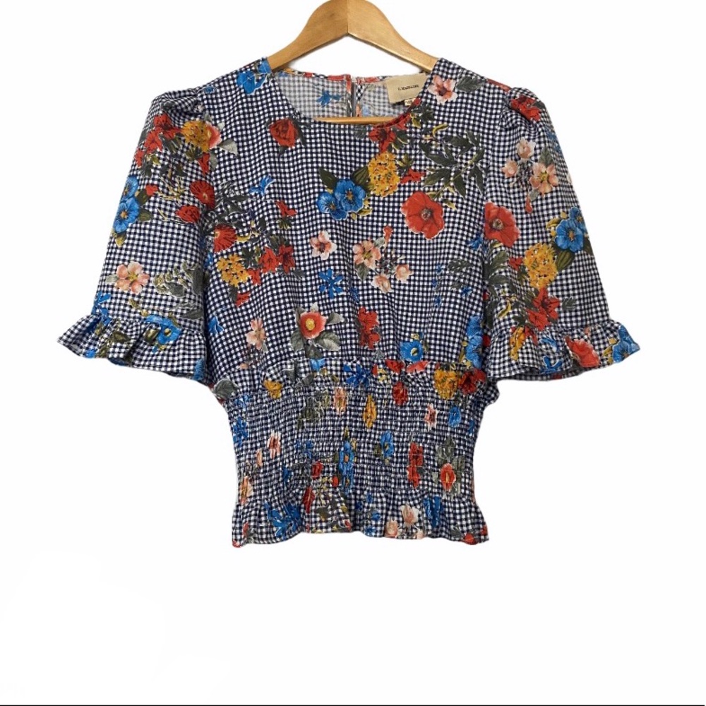 I.Madeline Floral Crop Ruffle Gingham Top
